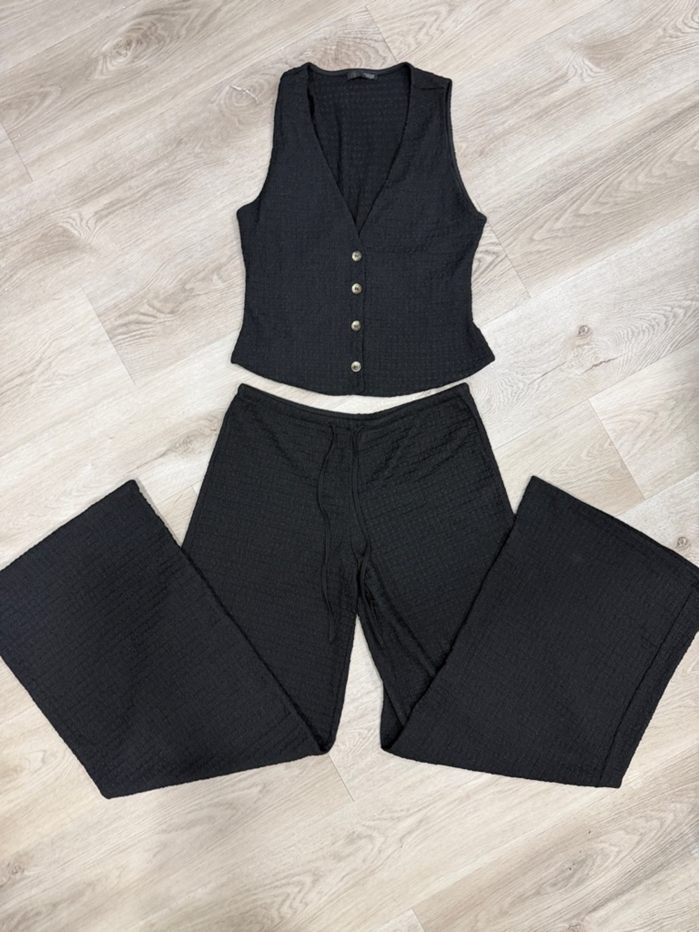 Zara Black Textured Wide-Leg Pants with Button Vest Set